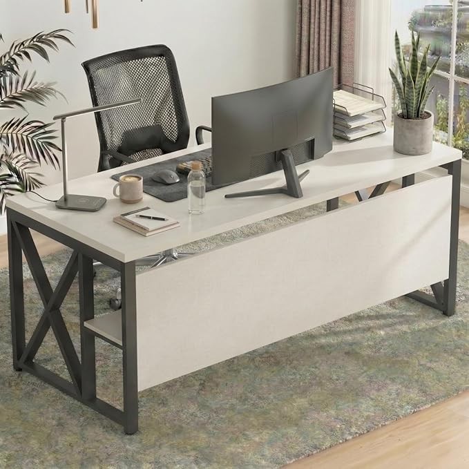 Executive Table | Director Table for Office | Modern Workstation with Shelf Storage | (160 x 70 x 75 CM) | White | DIY